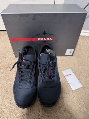 Prada Men’s Black Navy Low-Top Sneakers with Red Logo Detail